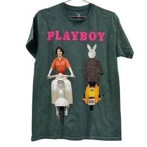 PLAYBOY Bunny and Lady on Scooters Heather Green Short Sleeve Unisex Shirt NWOT